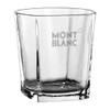 A glass tumbler with a clear design and a square shape, featuring a logo on one side.