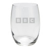 A clear glass wine cup with a curved design, featuring a subtly placed logo.