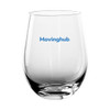 A glass wine cup in clear glass with a rounded shape, featuring a logo in blue.
