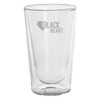 A double wall glass tumbler featuring a transparent design and a logo on the front.