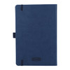 A navy blue hardbound journal with elastic closure and a logo on the cover, made from recycled materials.