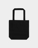 A black tote bag with two handles and a simple design, featuring a logo on one side.