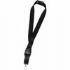 A black lanyard with a clip at the end and a plastic buckle in the middle. It includes a branding logo.