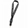 A black lanyard featuring a logo, designed for holding ID cards or passes, with a clip for attachment.