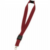 A maroon lanyard with a black clasp and a clip for attachments, suitable for events and exhibitions.