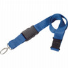 A blue lanyard with a black clip and attachment ring, designed for holding items securely.