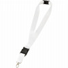 A white lanyard with a black clip and attachment for holding items, featuring an attached ring.