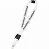 A white lanyard with a black logo, featuring a clip and a breakaway feature for safety.