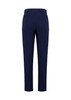 A pair of navy blue men's slim fit flat front pants with back pockets, featuring a logo on the waistband.