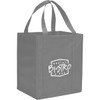 A grey non-woven grocery tote with sturdy handles and a logo on one side.