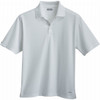 A white short sleeve polo shirt for men, featuring a buttoned placket and a logo on the side.