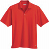 A bright red short sleeve polo shirt for men with a collar and a logo.