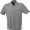 A grey short sleeve polo shirt with three buttons and a logo on the chest.