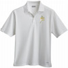 White short sleeve polo shirt featuring a logo on the chest. Designed for men.