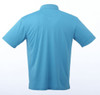 A short sleeve polo shirt in a solid light blue colour, featuring a collar and a logo.