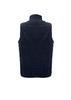 A plain black micro fleece vest with a high collar and no sleeves, featuring a logo on the back.