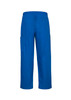 Blue unisex scrub cargo pants with an elastic waistband and side pockets. Features a logo on the waistband.