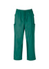 Green unisex scrub cargo pants featuring an elastic waistband and multiple pockets. Includes a logo on the garment.