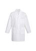 A white unisex classic lab coat with long sleeves and multiple pockets, featuring a logo.