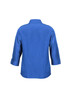 A blue plain 3/4 sleeve shirt featuring a collar and roll-up sleeves, with a logo on the back.