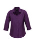 A purple ladies' shirt with 3/4 sleeves and a collar, featuring a button-down front and a logo.