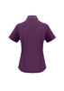A purple short sleeve button-up shirt with a collar and a logo on the back.