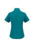A plain short sleeve button-up shirt in teal, featuring a collared neck and a logo on the back.