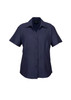 A navy short sleeve button-up shirt with a collar and a front button placket, featuring a logo.