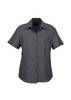 A short sleeve button-up shirt in grey with a collar and a logo on the chest.