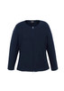 A navy women's 2-way zip cardigan featuring a round neckline and long sleeves, with a branding logo.