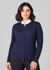 A navy women's 2-way zip cardigan featuring a white collar, with a fitted design and long sleeves.