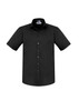 A black short sleeve button-up shirt with a single chest pocket and a collar. It features a logo.