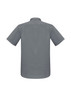 A grey short sleeve button-up shirt featuring a back view with a simple design and a logo.
