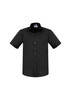 A short sleeve black button-up shirt with a front pocket and a branded label on the collar.