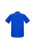 A blue men's short sleeve button-up shirt with a back yoke and collar, featuring a logo.