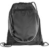 A black drawstring backpack with a zippered front pocket and mesh sides, featuring a simple logo.