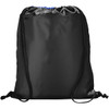 A black drawstring backpack with blue accents and a logo, featuring adjustable cords at the closure.