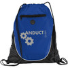 A blue and black drawstring backpack featuring a zippered pocket and a logo with gears.
