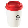 A ceramic mug with a white body and a red silicone lid, featuring a logo on the side.