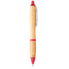 A bamboo ballpoint pen with red accents and a metallic clip, featuring a logo.