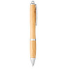 A bamboo ballpoint pen with silver accents and a logo, featuring a sleek, natural wood design.