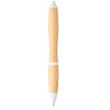 A bamboo ballpoint pen with a natural finish and white accents, featuring a branding logo.