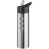 A stainless steel drink bottle with a black lid and a straw, featuring a smooth, shiny surface.