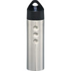 A drink bottle in stainless steel with a black lid, featuring a logo and a unique textured design.
