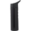 A black stainless steel drink bottle with a sleek design and a black cap. It features a logo on the surface.