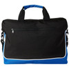 A black and blue laptop bag with a zippered front pocket and dual handles. It has a logo on the side.