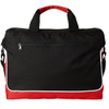 A black and red laptop bag with a zippered front pocket and dual carry handles. Features a logo on the side.