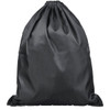 A black drawstring bag featuring a gathered top and a simple design. It has a logo displayed on the front.