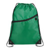 A green drawstring bag with a black zippered pocket and drawcord straps, featuring a logo on the front.