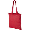 A red cotton canvas tote bag with long handles and a simple design, featuring a logo.